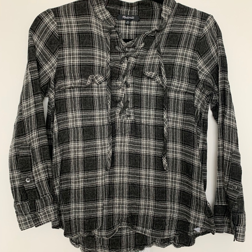 Madewell Gray Plaid High Low Long Sleeve Top XS
